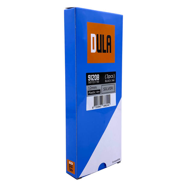 DULA label tape - Compatible met Dymo LetraTag 91208 / S0721730 - 3 stuks - Zwart op Zilver plastic - 12mm x 4m