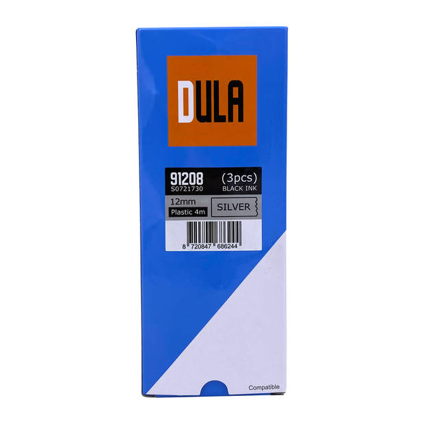 DULA label tape - Compatible met Dymo LetraTag 91208 / S0721730 - 3 stuks - Zwart op Zilver plastic - 12mm x 4m