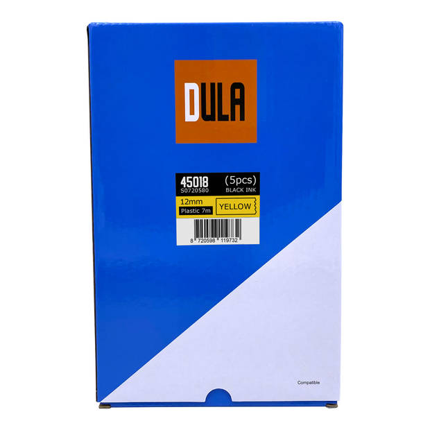 DULA label tape - Compatible met Dymo D1 45018 - 5 stuks - Zwart op geel - 12mm x 7m