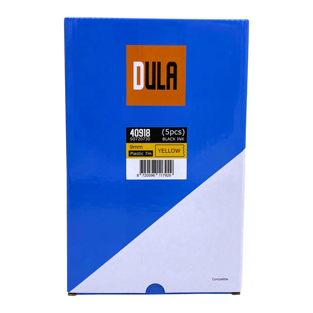 DULA label tape - Compatible met Dymo D1 40918 - 5 stuks - Zwart op geel - 9mm x 7m