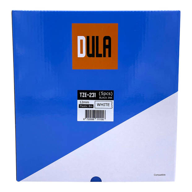DULA Brother Compatible label tape- Tze-231 - 5 cassettes - Brother P-Touch - Zwart op wit - 12mm x 8m