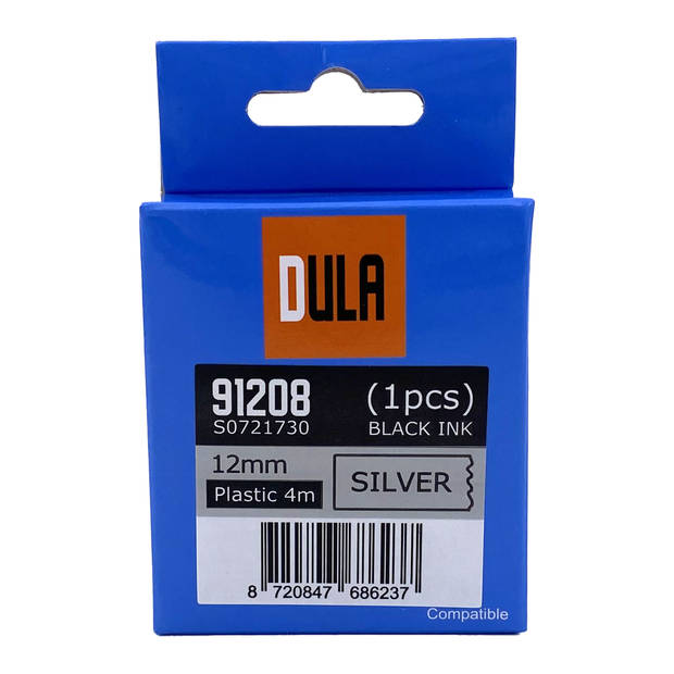 DULA - Dymo LetraTag 91208 - S0721730 - Label Tape - Zwart op Zilver plastic - 12mm x 4m - 1 Stuk