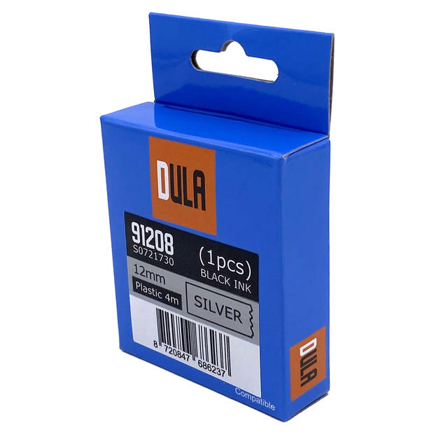 DULA label tape - Compatible met Dymo LetraTag 91208 / S0721730 - 1 stuk - Zwart op Zilver plastic - 12mm x 4m