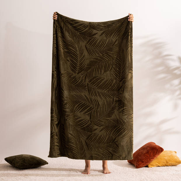 Flanellen fleece plaid Palm Leaf - Tijm Groen – L 125 x 150 cm