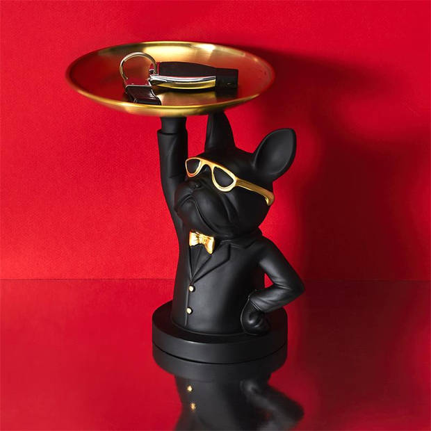 Beeld Bulldog Butler met Goudkleurige dienblad - Zwart - H23 cm