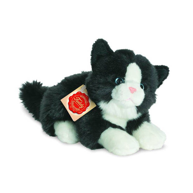 Hermann Teddy Knuffeldier kat/poes - zachte pluche stof - premium kwaliteit knuffels - zwart/wit - 20 cm - Knuffel huisd