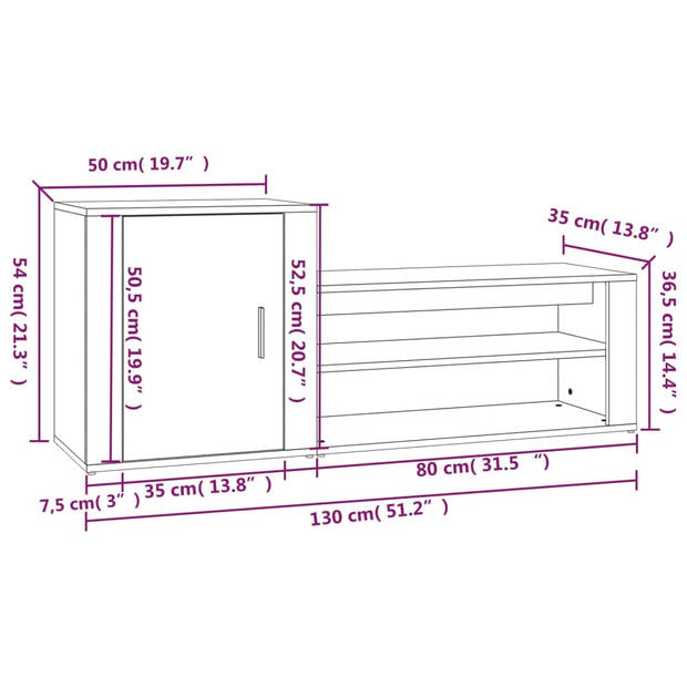 The Living Store Schoenenkast - Bruineiken - 130 x 35 x 54 cm - Stabiel - Voldoende opbergruimte - Praktische deur