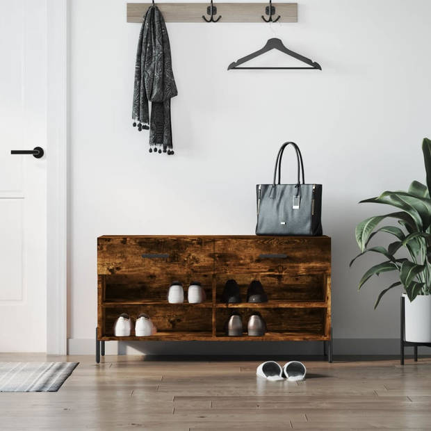 The Living Store Schoenenbank - Gerookt Eiken - 102 x 35 x 55 cm - Duurzaam hout - 2 lades - 4 planken