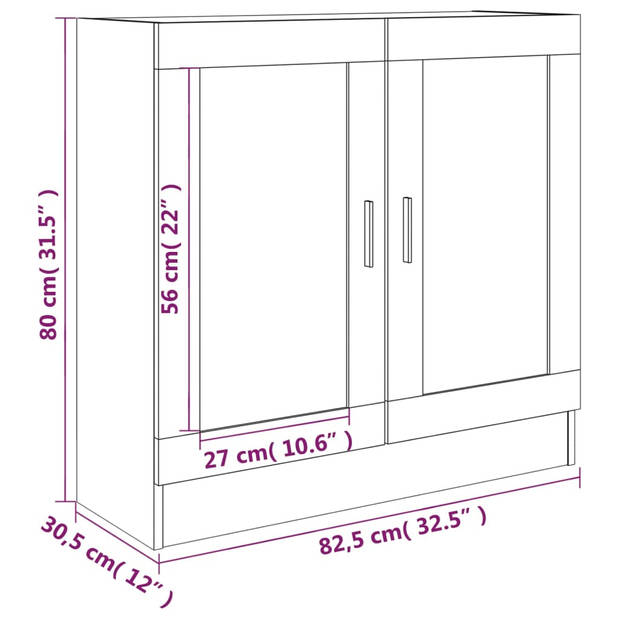 The Living Store Vitrinekast - Gerookt Eiken - 82.5 x 30.5 x 80 cm - Met 2 vakken en 2 glazen deuren