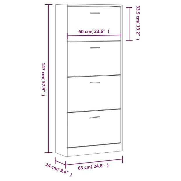 The Living Store Schoenenkast Modern wit - 63 x 24 x 147 cm - 4 lades