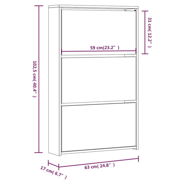 vidaXL Schoenenkast met spiegel 3-laags 63x17x102,5 cm betongrijs