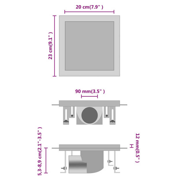 vidaXL Doucheafvoer met 2-in-1 deksels 23x23 cm roestvrij staal
