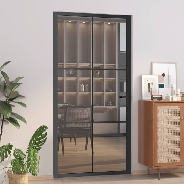 The Living Store Binnendeur - Glazen deur - 102.5 x 201.5 cm - 5mm glas - Zwart - Met verticale decoratieve lijn