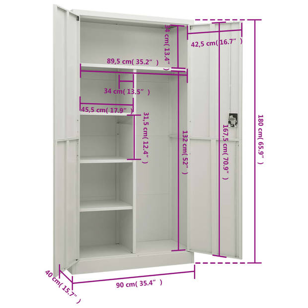 vidaXL Lockerkast 90x40x180 cm staal lichtgrijs