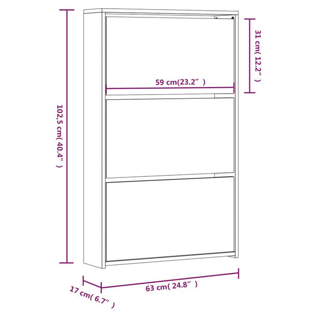 vidaXL Schoenenkast met spiegel 3-laags 63x17x102,5 cm hoogglans wit