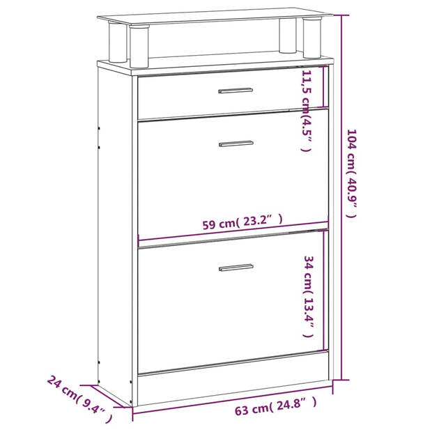 vidaXL Schoenenkast 63x24x104 cm bewerkt hout bruin eikenkleur