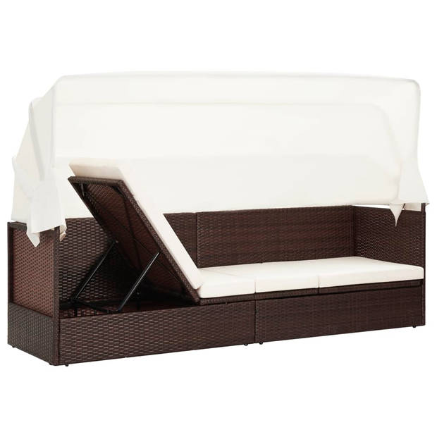 The Living Store PE-rattan tuinbank - bruin - 205x62x70 cm - inklapbaar dak - stalen frame - comfortabel zitkussen -