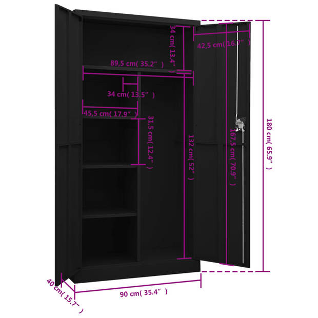 vidaXL Lockerkast 90x40x180 cm staal zwart