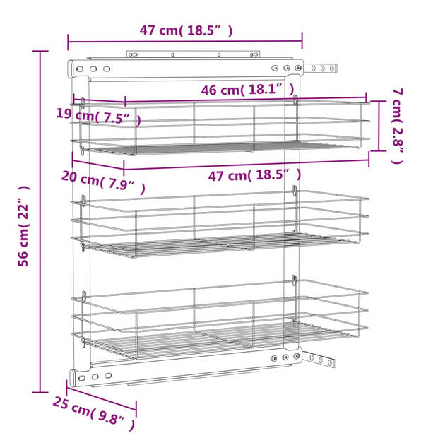 vidaXL Draadmand keuken uittrekbaar 3-laags 47x25x56 cm zilverkleurig