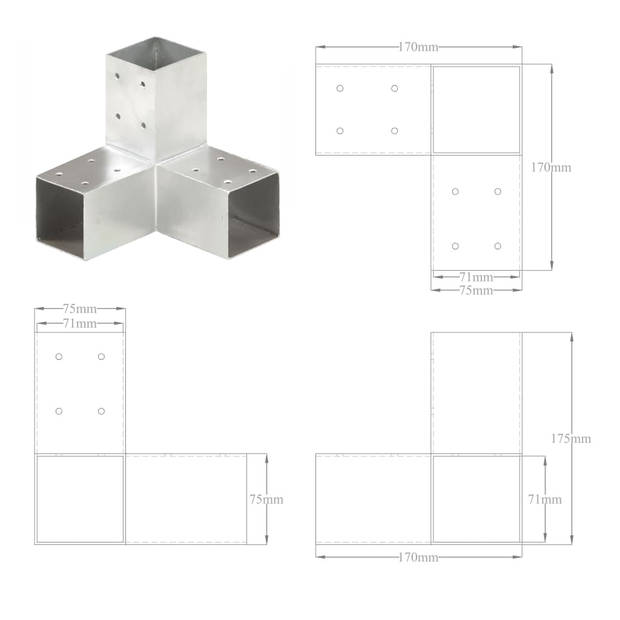 vidaXL Paalverbindingen 4 st Y-vorm 71x71 mm gegalvaniseerd metaal