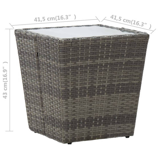 vidaXL Theetafel 41,5x41,5x43 cm poly rattan en gehard glas grijs