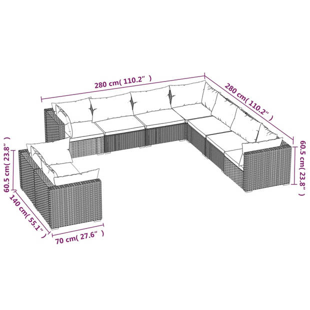 The Living Store Loungeset - Poly Rattan - Zwart - Inclusief Kussens - Modulair Design