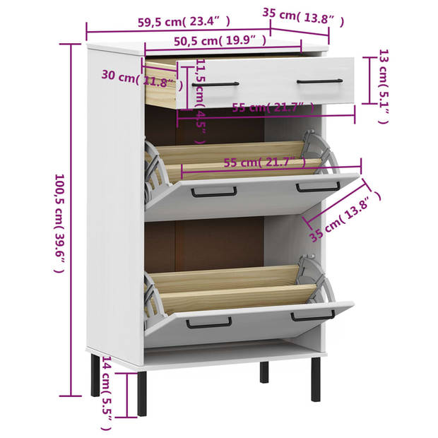 The Living Store OSLO Schoenenkast - 59.5 x 35 x 100.5 cm - wit Massief grenenhout met lade en deuren - Metalen poten