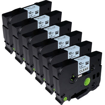 DULA - Brother Compatible Label Tape TZe-131 - 12 mm x 8 m - Zwart op Transparant - TZe131 - 6 Stuks