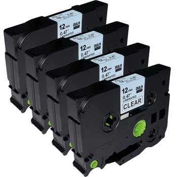 DULA - Brother Compatible Label Tape TZe-131 - 12 mm x 8 m - Zwart op Transparant - TZe131 - 4 Stuks