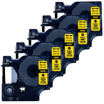 DULA Dymo D1 40918 - S0720730 - Compatible label tape - 5 lettertapes - Zwart op geel - 9mm x 7m