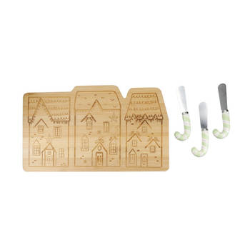 Kaasplank, Serveerplank met Kaasmessen Set, 4-Delig, Bamboe, Huisjes - KitchenCraft The Nutcracker Collection