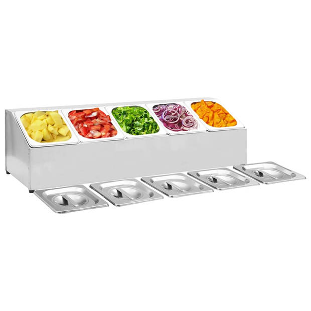 The Living Store Saladebar RVS - 82.5x22.5x21.5cm - 5 GN 1/6 bakken - Vaatwasserbestendig