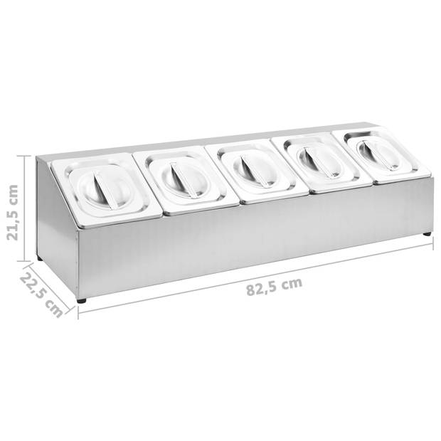 The Living Store Saladebar RVS - 82.5x22.5x21.5cm - 5 GN 1/6 bakken - Vaatwasserbestendig