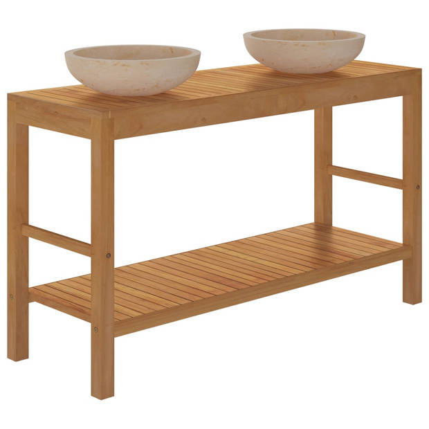 The Living Store Houten kast - wastafels - massief teakhout - 132 x 45 x 75 cm - marmer