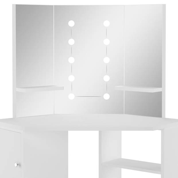 The Living Store Kaptafel Hoekopmaaktafel - 111 x 54 x 141.5 cm - wit MDF - met 3 spiegels en LED-verlichting