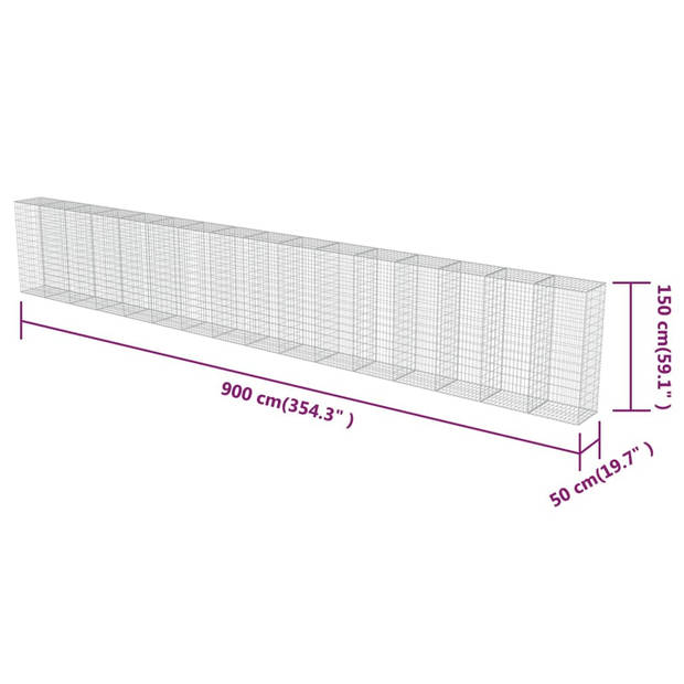 vidaXL Schanskorfmuur met deksels 900x50x150 cm gegalvaniseerd staal