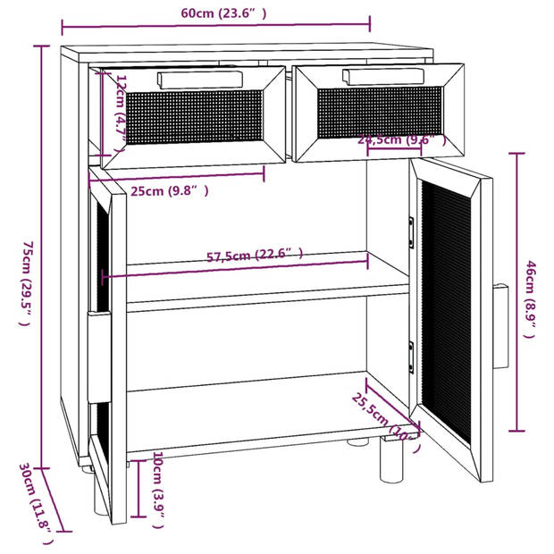 vidaXL Dressoir 60x30x75 cm massief grenenhout en rattan wit