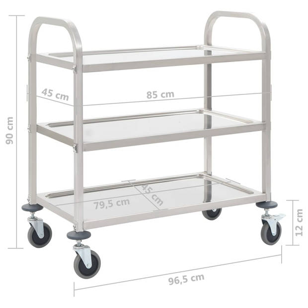 vidaXL Keukentrolley 3-laags 96,5x55x90 cm roestvrij staal