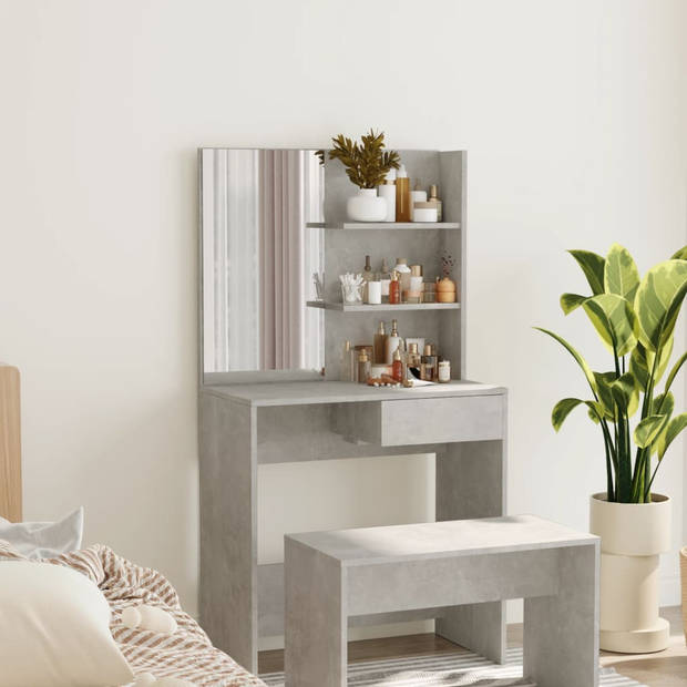 The Living Store Kaptafel Betongrijs - Hout - 74.5 x 40 x 141 cm - Met make-up spiegel en opbergruimte