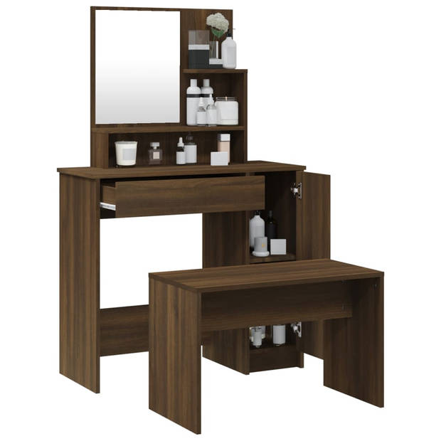 The Living Store Kaptafelset Bruineiken 86.5x35x136 cm - Make-uptafel met kruk en opbergruimte