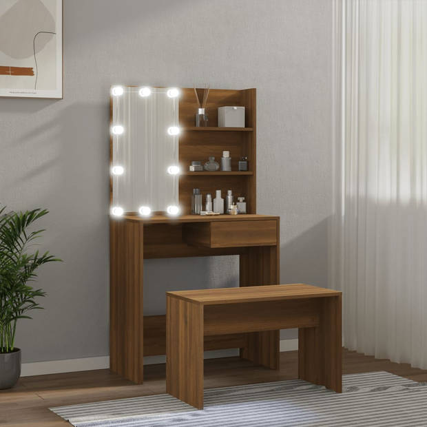 The Living Store Kaptafelset met Spiegel - Bruineiken - 74.5 x 40 x 141 cm - LED-verlichting