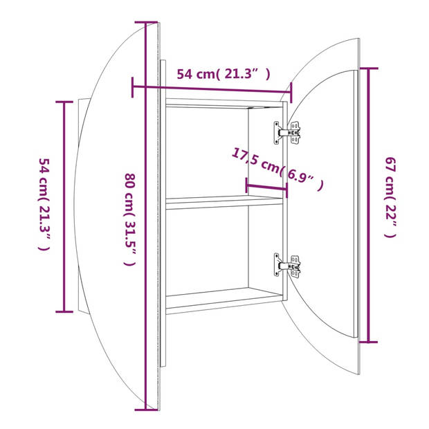 vidaXL Badkamerkast met ronde spiegel en LED 54 x 54 x 17,5 cm grijs