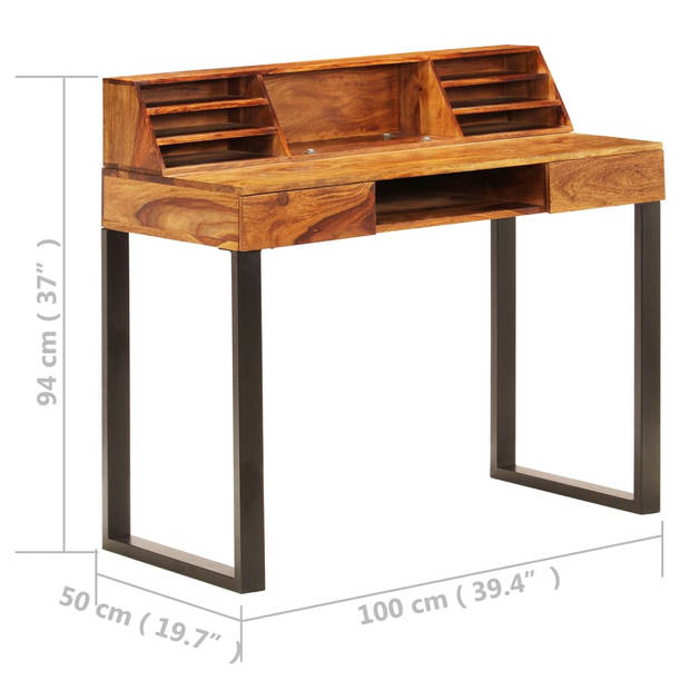 The Living Store Bureau Sheeshamhout - 100x50x94 cm - Met 2 lades en boekenplanken