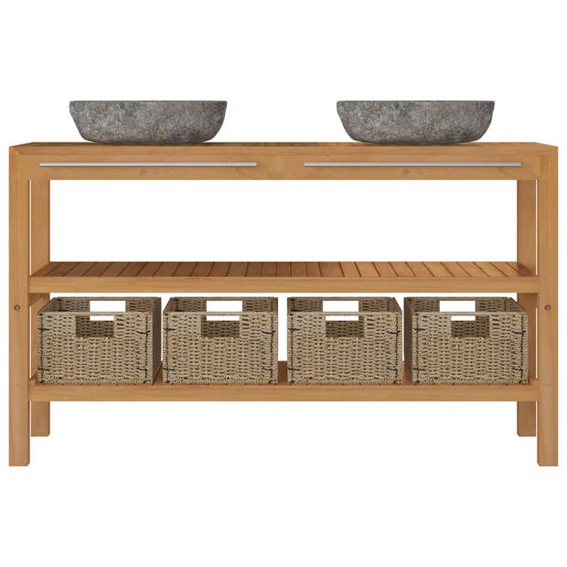 The Living Store Badkamermeubel Teakhout 132x45x75cm - 2 Rivierstenen Wastafels - 4 Zeegras Manden