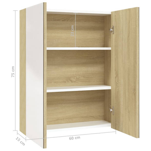 The Living Store wandspiegelkast - MDF met melamine-oppervlak en glas - 60 x 15 x 75 cm - wit en eiken