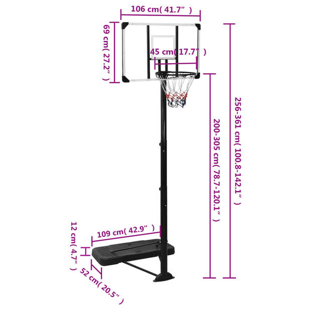 vidaXL Basketbalstandaard 256-361 cm polycarbonaat transparant