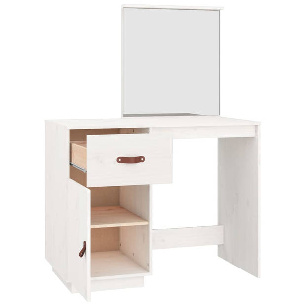 The Living Store Kaptafel Massief Grenenhout - Make-uptafel met Spiegel - Wit - 95x50x134 cm