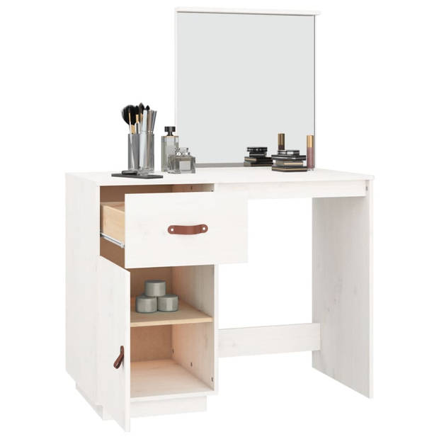 The Living Store Kaptafel Massief Grenenhout - Make-uptafel met Spiegel - Wit - 95x50x134 cm