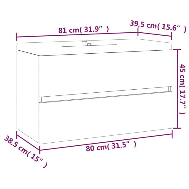 The Living Store Wastafelkast - Badkamermeubel - Gerookt eiken - Afmetingen- 80 x 38.5 x 45 cm - Keramieken