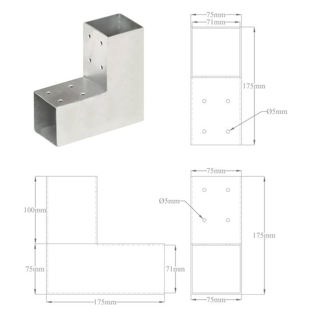 vidaXL Paalverbindingen 4 st L-vorm 71x71 mm gegalvaniseerd metaal